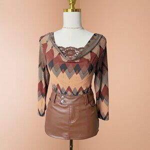 Vintage Geometric Wrap-Front Long Sleeve Top